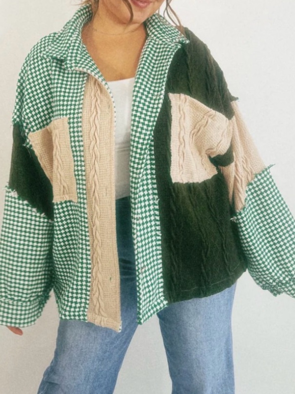 🤎POL Women’s Patchwork Green & Cream Cable Knit Oversized Boho Fall Jacket | S